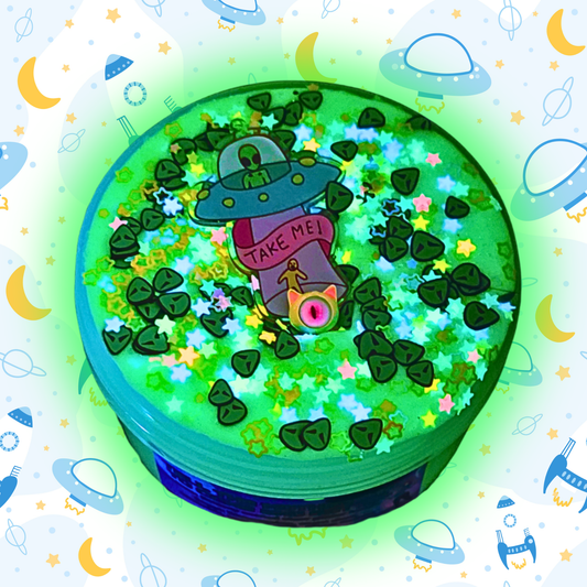 Tell the Mothership to Come Get Me Slime – Glow in the Dark Alien Glitter Bomb | Crunchy ASMR Slime | Coated Milky Clear Slime | Alien Slime