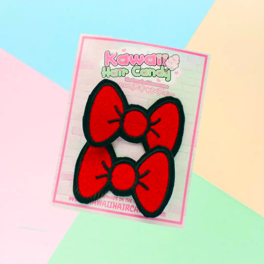 Red Anime Hair Bows – Kawaii Embroidered Cartoon Style (Set of 2) 🎀🔥