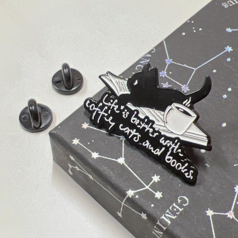 Cute Book Coffee Cat Enamel Pin for Bibliophiles and Pet Fans