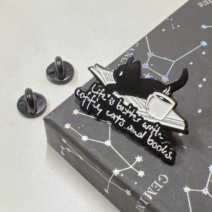 Cute Book Coffee Cat Enamel Pin for Bibliophiles and Pet Fans