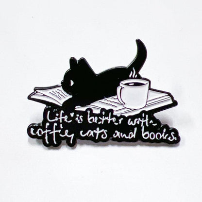 Cute Book Coffee Cat Enamel Pin for Bibliophiles and Pet Fans