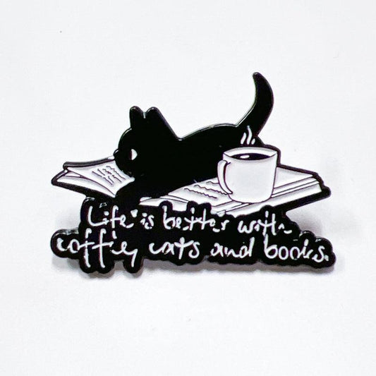 Cute Book Coffee Cat Enamel Pin for Bibliophiles and Pet Fans