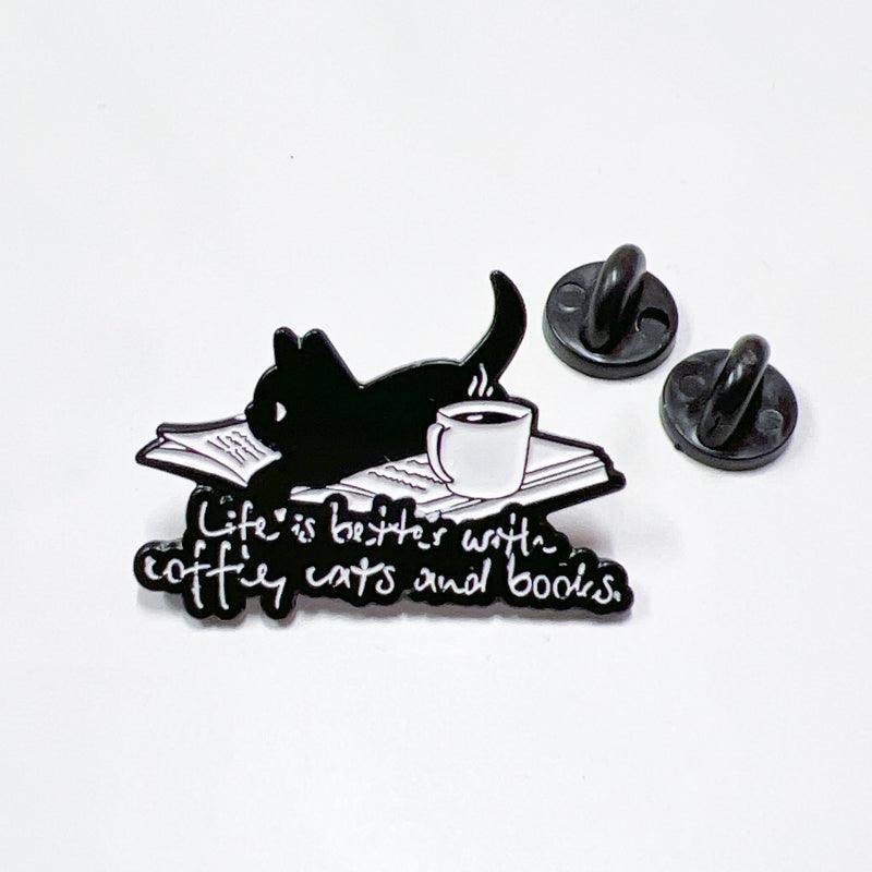 Cute Book Coffee Cat Enamel Pin for Bibliophiles and Pet Fans