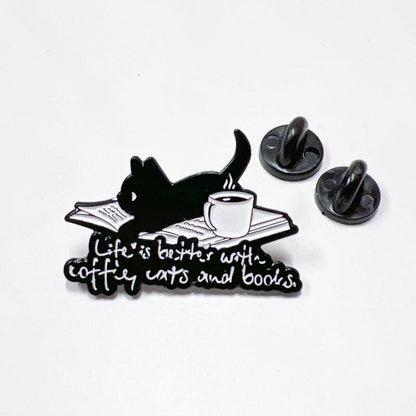 Cute Book Coffee Cat Enamel Pin for Bibliophiles and Pet Fans