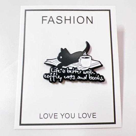 Cute Book Coffee Cat Enamel Pin for Bibliophiles and Pet Fans