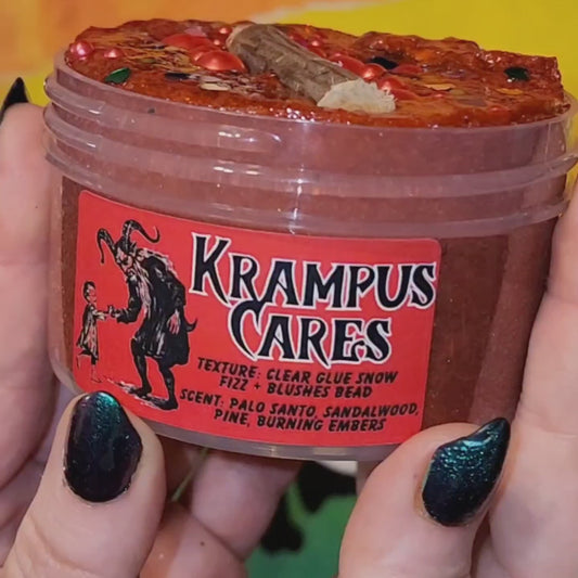 Krampus Cares – Snow Fizz Slushee Bead Slime (6oz) | Metallic Red Balls | Birch Stick Topper | Palo Santo & Embers Scent