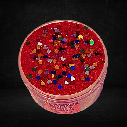 Krampus Cares – Snow Fizz Slushee Bead Slime (6oz) | Metallic Red Balls | Birch Stick Topper | Palo Santo & Embers Scent