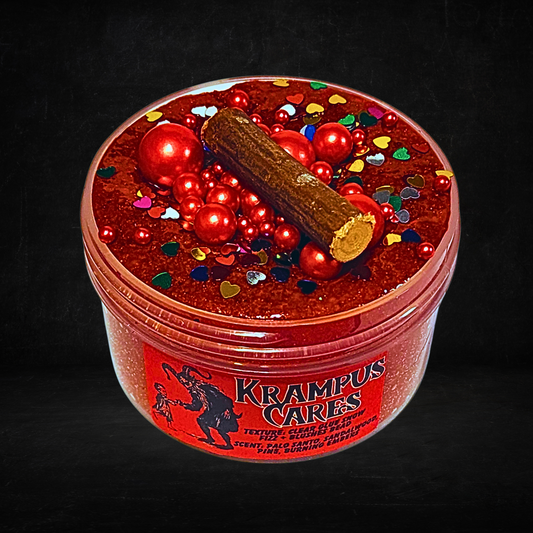 Krampus Cares – Snow Fizz Slushee Bead Slime (6oz) | Metallic Red Balls | Birch Stick Topper | Palo Santo & Embers Scent
