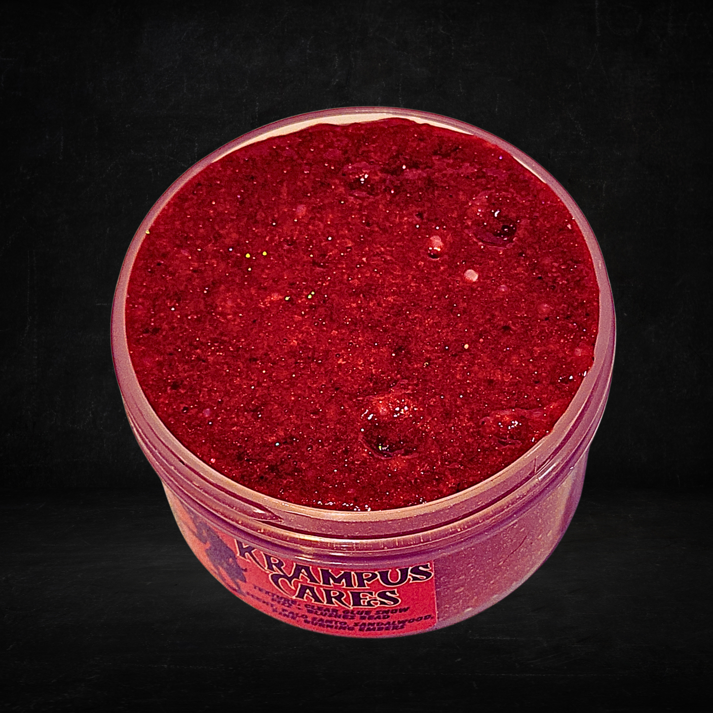 Krampus Cares – Snow Fizz Slushee Bead Slime (6oz) | Metallic Red Balls | Birch Stick Topper | Palo Santo & Embers Scent