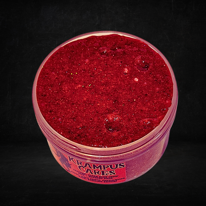 Krampus Cares – Snow Fizz Slushee Bead Slime (6oz) | Metallic Red Balls | Birch Stick Topper | Palo Santo & Embers Scent